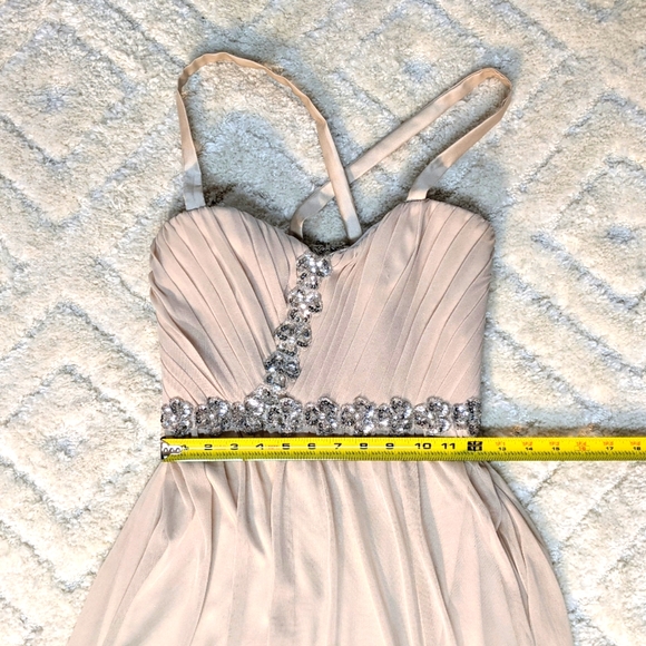 City Triangle Beige Shoulder Strapped Gown w/ Pleated Chest & Side Slit, 7 - Picture 6 of 12